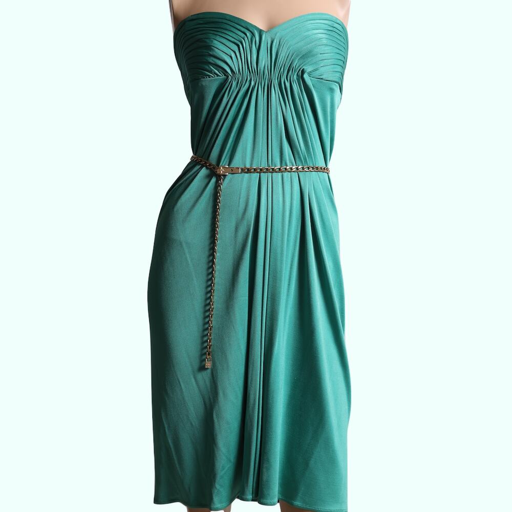 BCBGMAXAZRIA Vintage Teal Blue Strapless Ruched Mini Dress